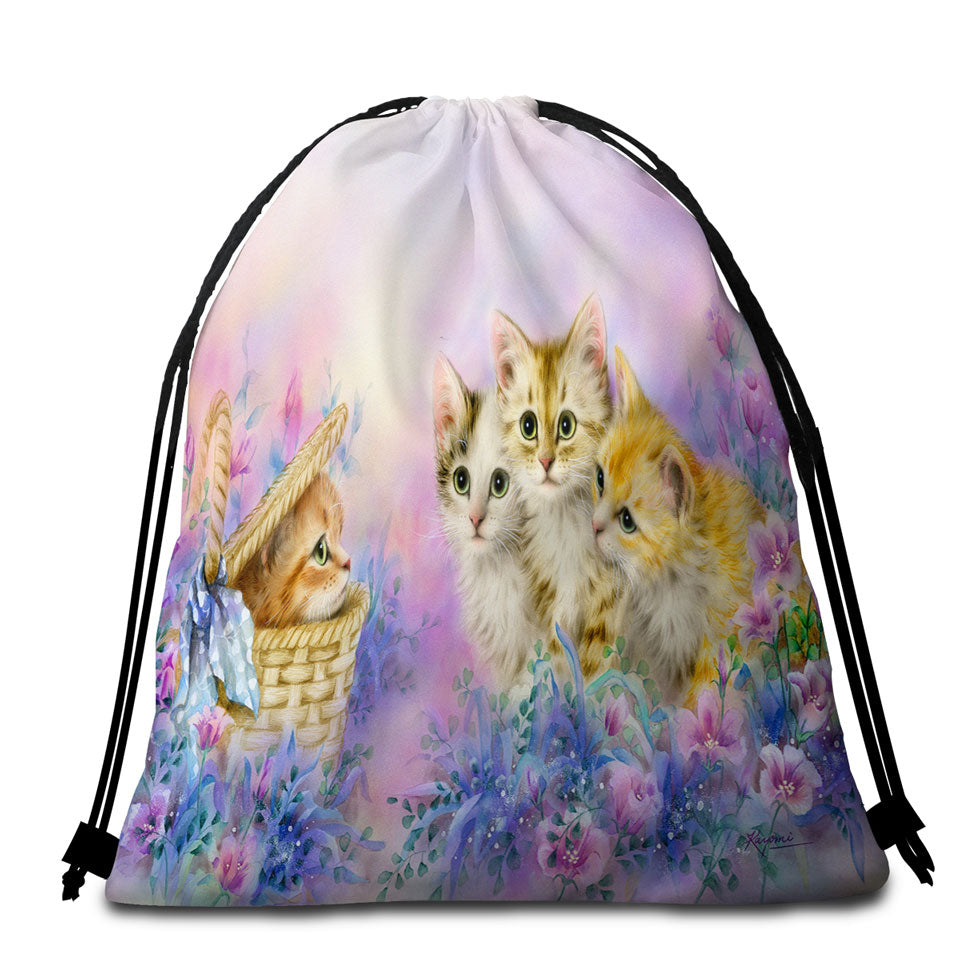 Beach Towel Bags with Cats Art Adorable Cute Kittens in Flower Garden