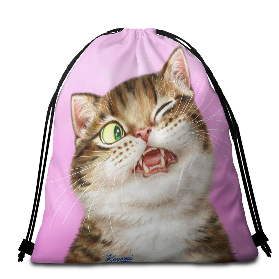 Beach Towel Bags with Cats Funny Faces Drawings Adorable Tabby Kitty