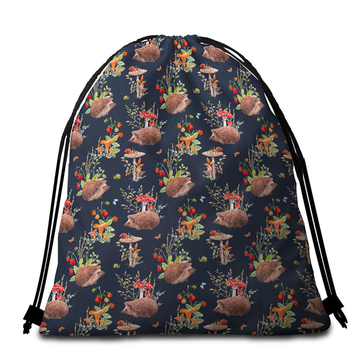 Beach Towel Bags with Cute Hedgehog in a Mushroom Garden