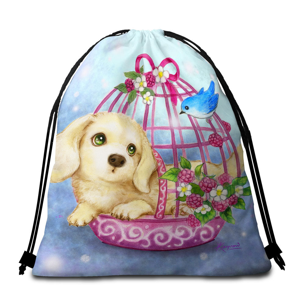 Beach Towel Bags with Dogs Art Cute Dachshund in Bird Cage