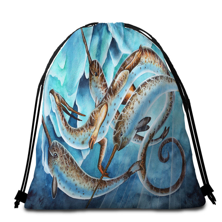Beach Towel Bags with Dragon and Fantasy Creatures Art Icy Depths