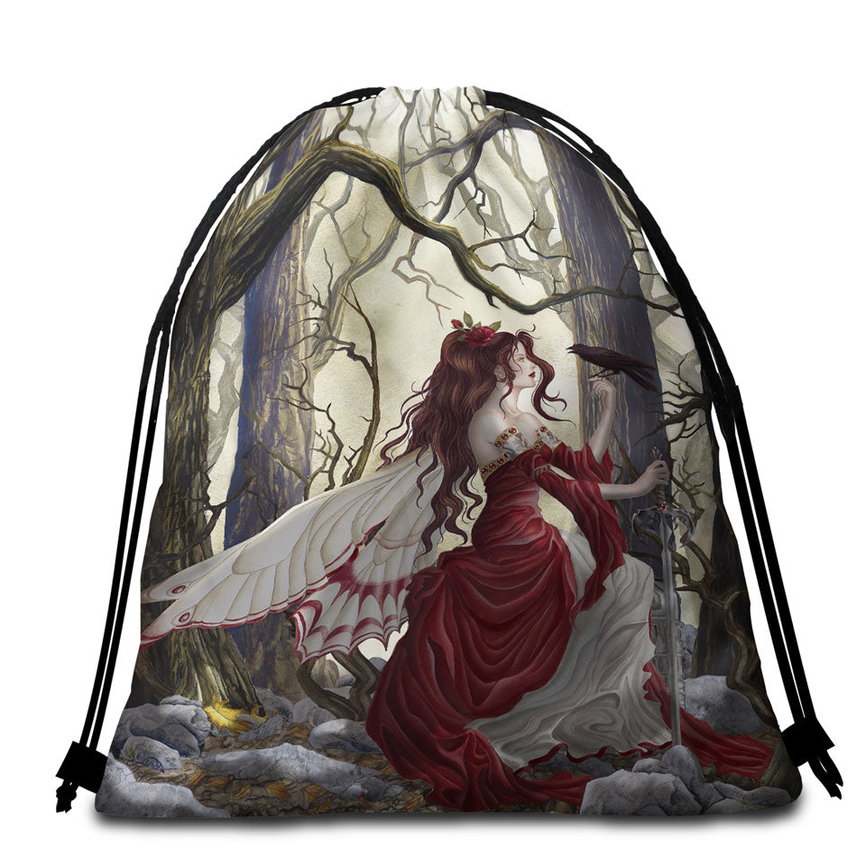Beach Towel Bags with Fantasy Art the Red Fairy and Her Crow