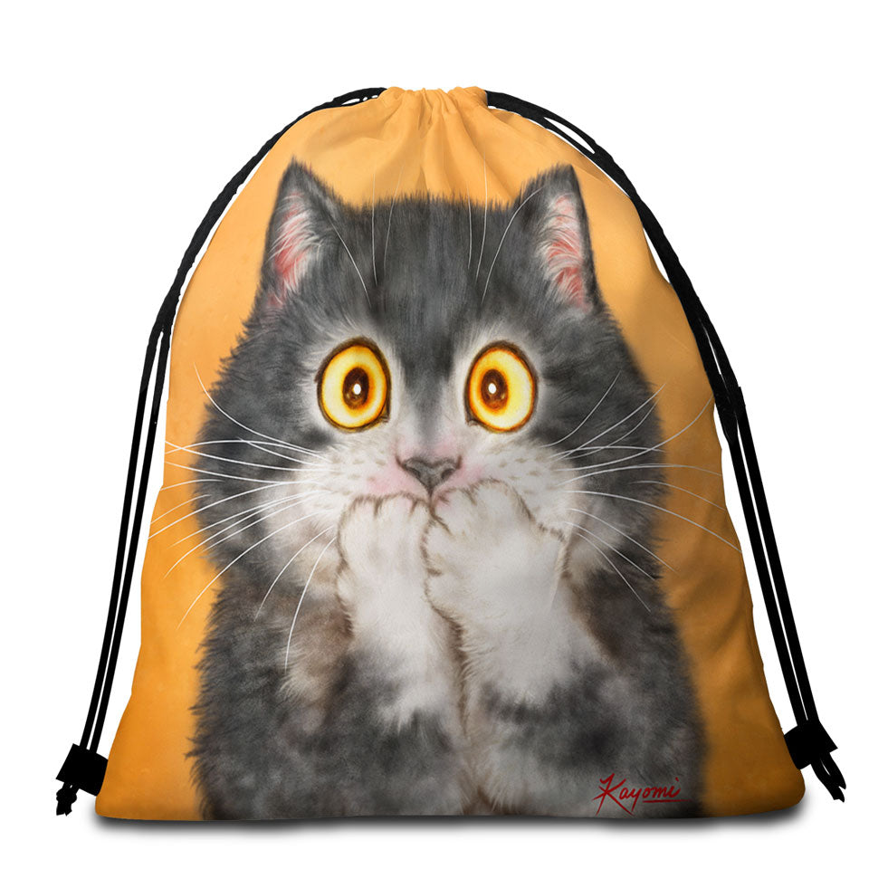 Beach Towel Bags with Funny Painted Cats Grey Kitten in Shock