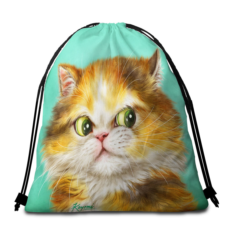 Beach Towel Bags with Green Background Painted Furry Ginger Cat