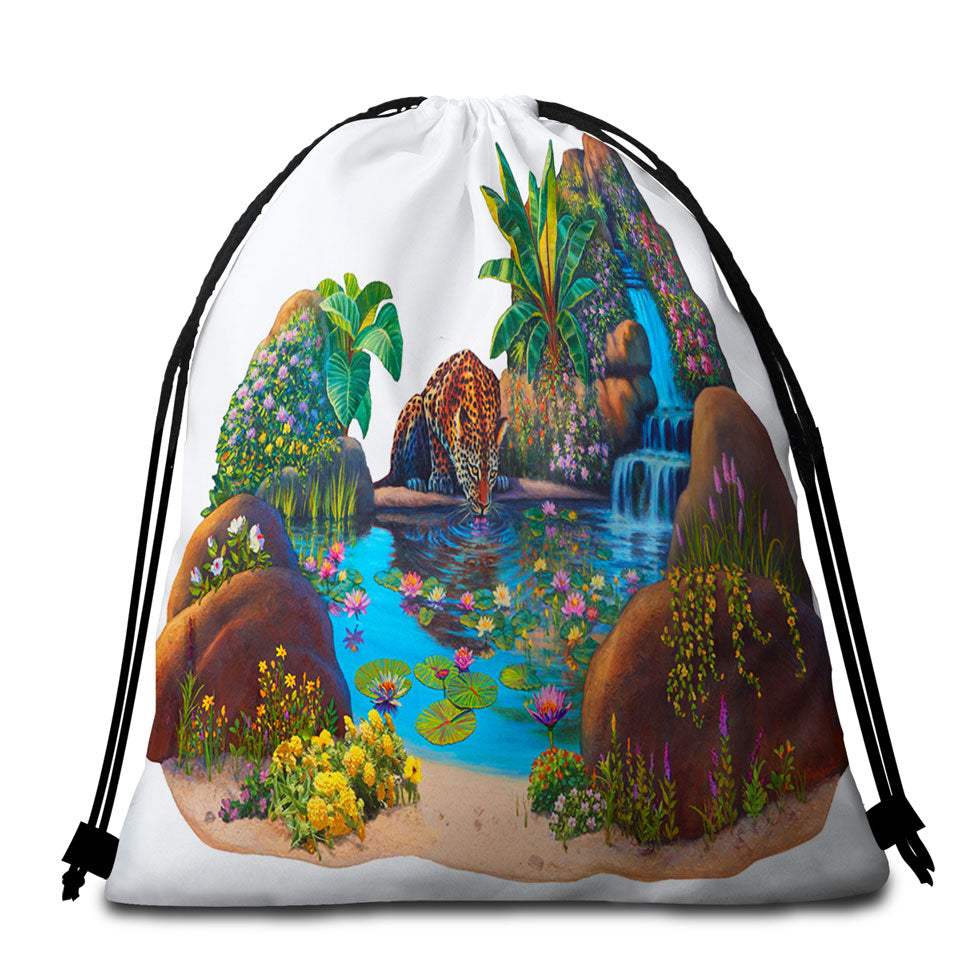 Beach Towel Bags with Leopard Tropical Watering Hole