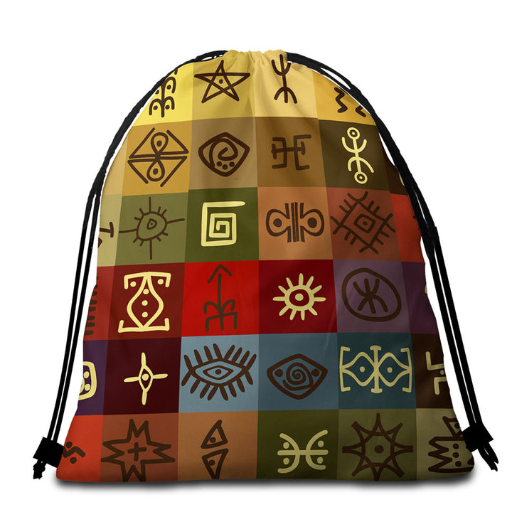 Beach Towel Bags with Multi Colored Panels Cool Ancient Symbols