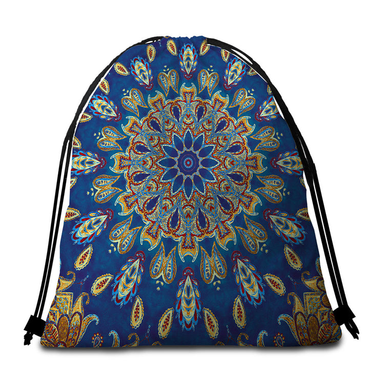 Beach Towel Bags with Red Yellow Blue Oriental Paisley Mandala