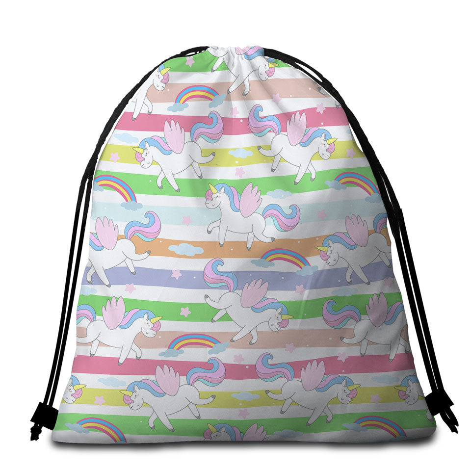 Beach Towel Bags with Stripes and Rainbow Unicorn Pattern
