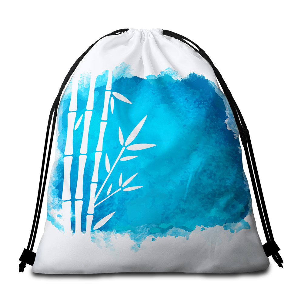 Beach Towel Bags with White Bamboo Silhouette over Ocean Blue Paint