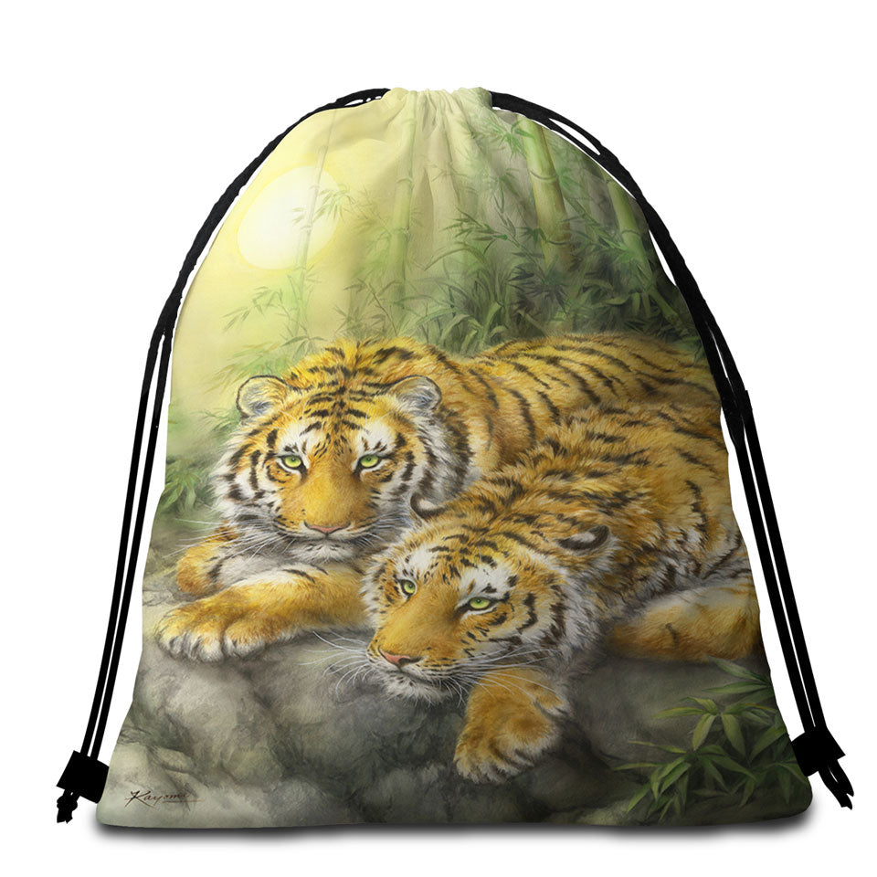Beach Towel Bags with Wild Animals Art Tigers Forest Morning