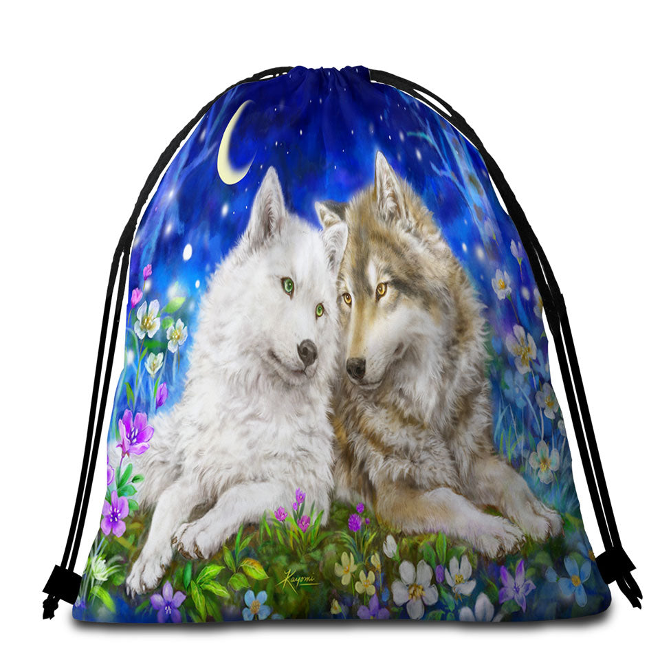 Beach Towel Bags with Wolves Art Design Flowers and Love at Night