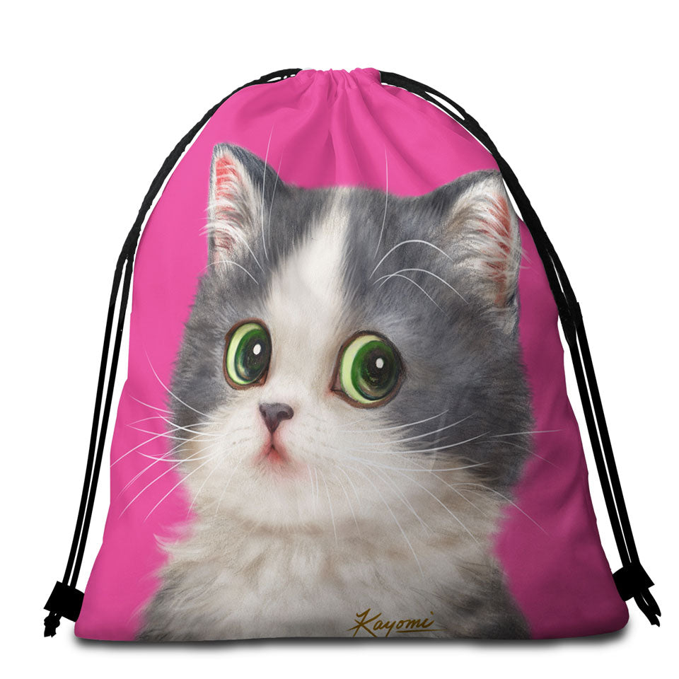 Beach Towel Pack with Cats Art Adorable Shy Kitten Over Pink