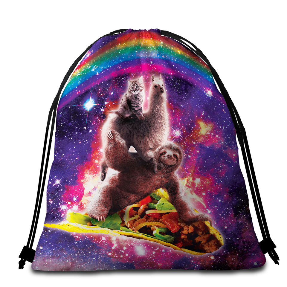 Beach Towel Pack with Cool Funny Crazy Art Space Cat Llama Sloth Riding Taco