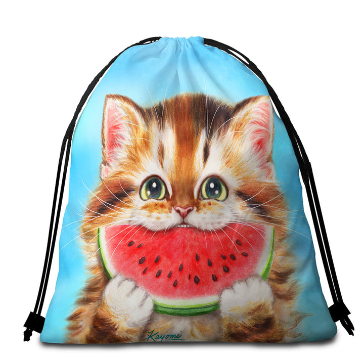 Beach Towel Pack with Funny Paintings Watermelon Love Hungry Kitten