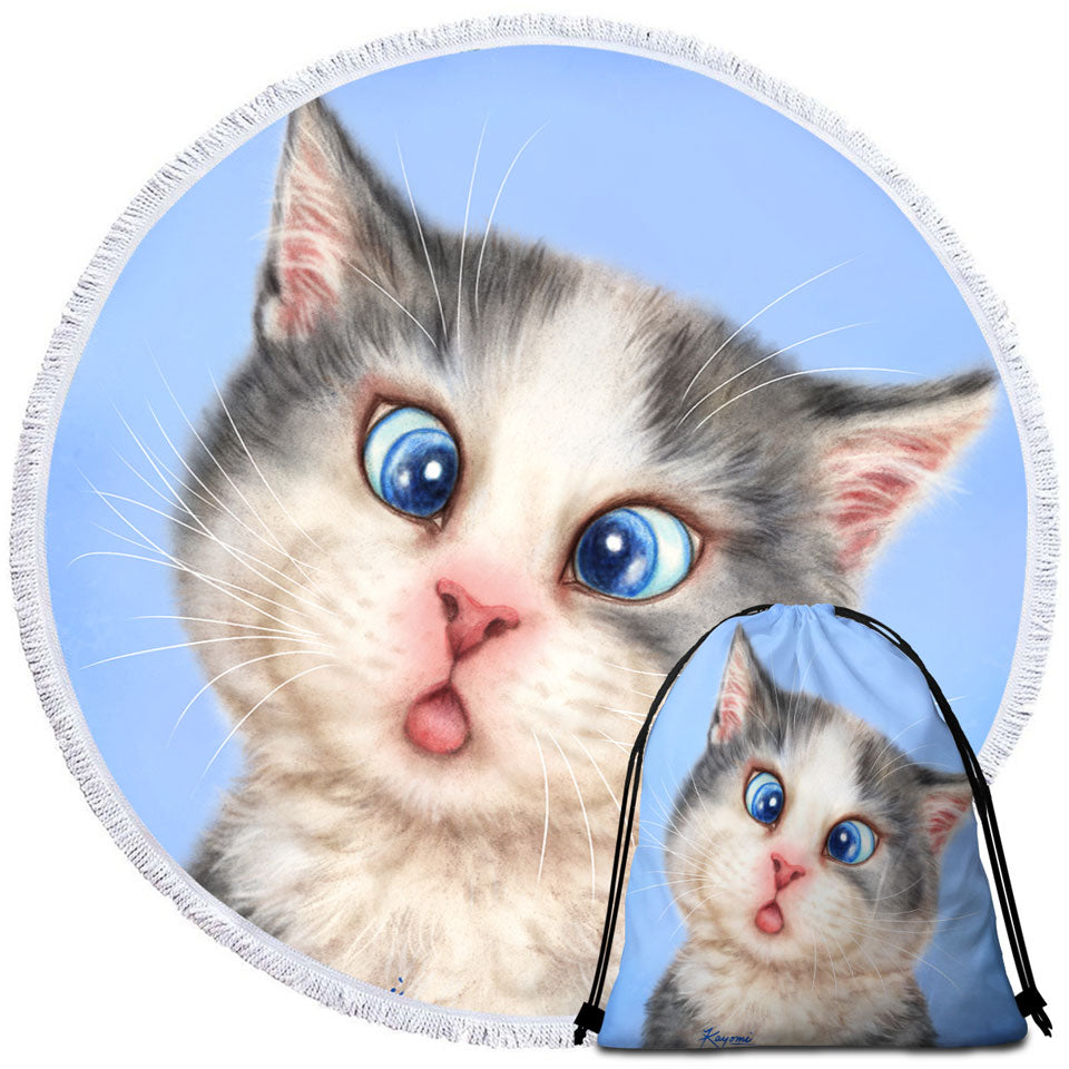 Beach Towels Features Cats Funny Faces Drawings Blue Eyes Grey Kitten