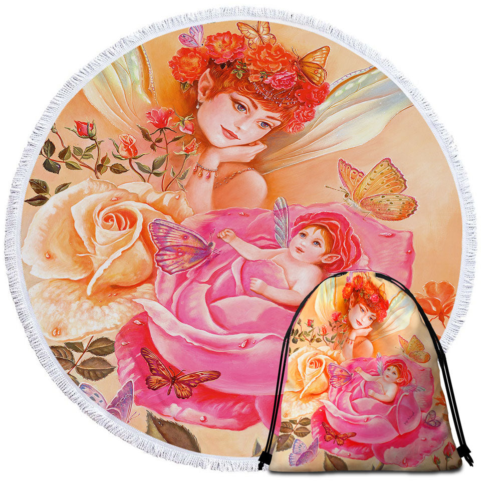 Beach Towels On Sale Roses Fairy and Her Baby Painting My Little Rosebud