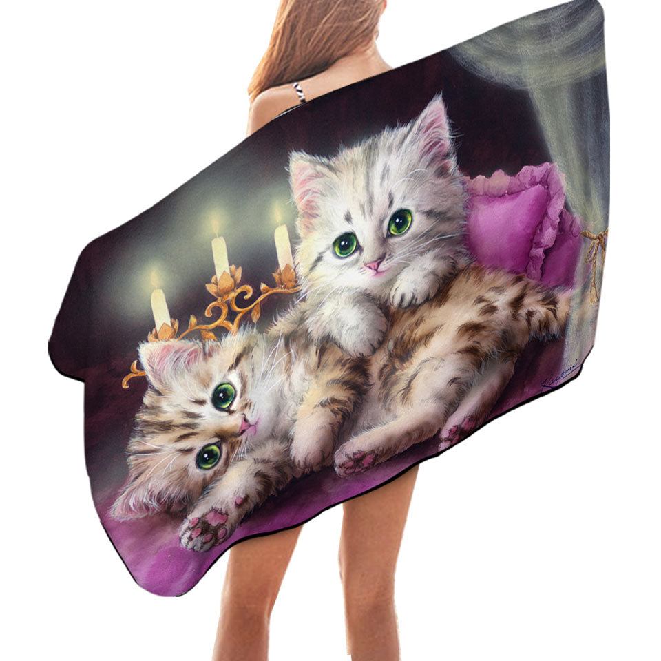 Beach Towels On Sale with Cats Art Paintings Candle Night Kittens