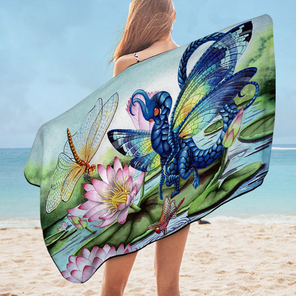 Beach Towels On Sale with Giant Water Lilies Dragonflies and Dragon