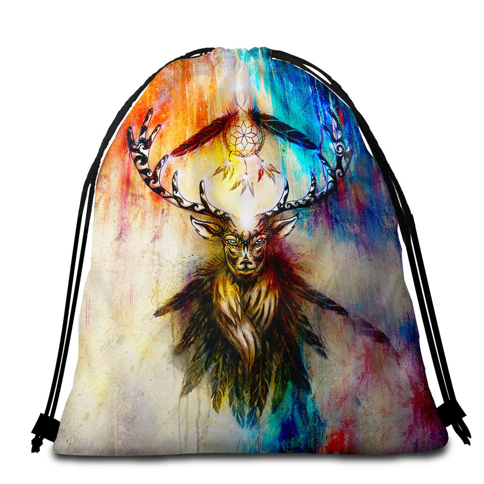 Beach Towels and Bags Set Colorful Native Deer Painting