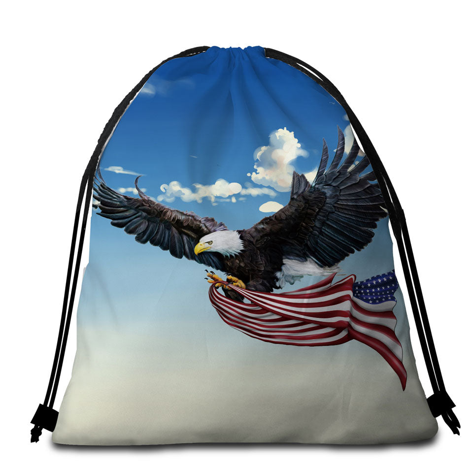 Beach Towels and Bags Set Features American Eagle Holding a USA Flag