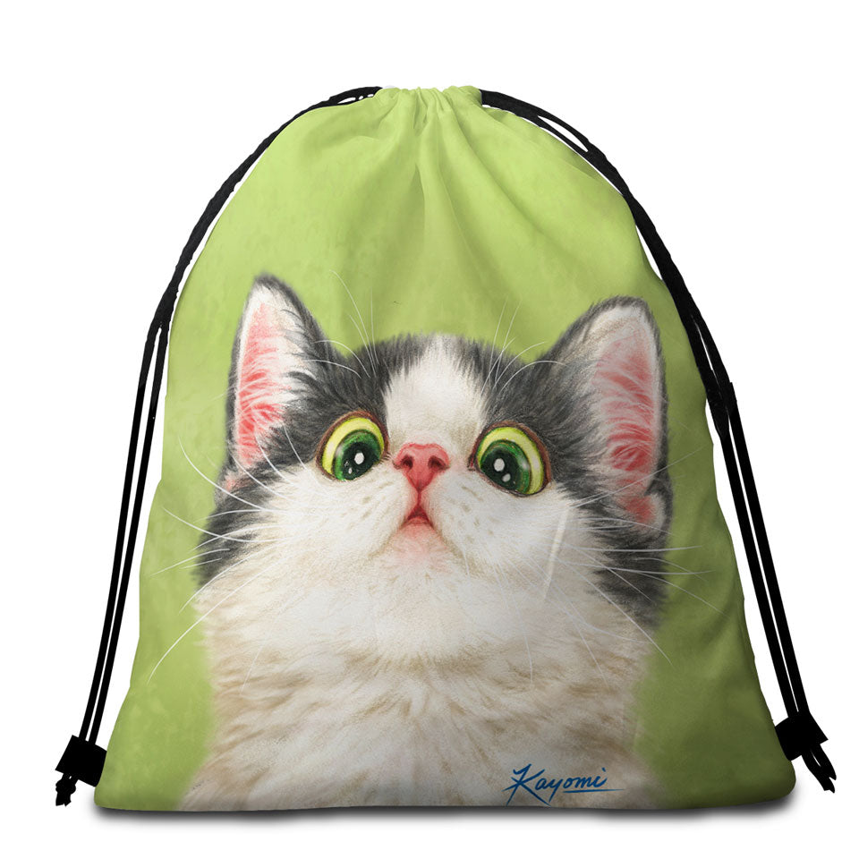 Beach Towels and Bags Set Green Eyes Grey White Kitten Cat