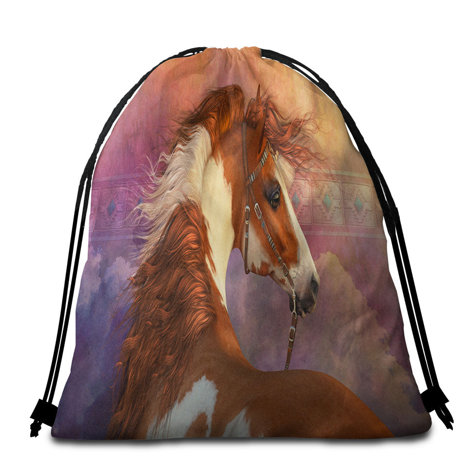 Beach Towels and Bags Set Heart of the West Brown and White Pinto Horse