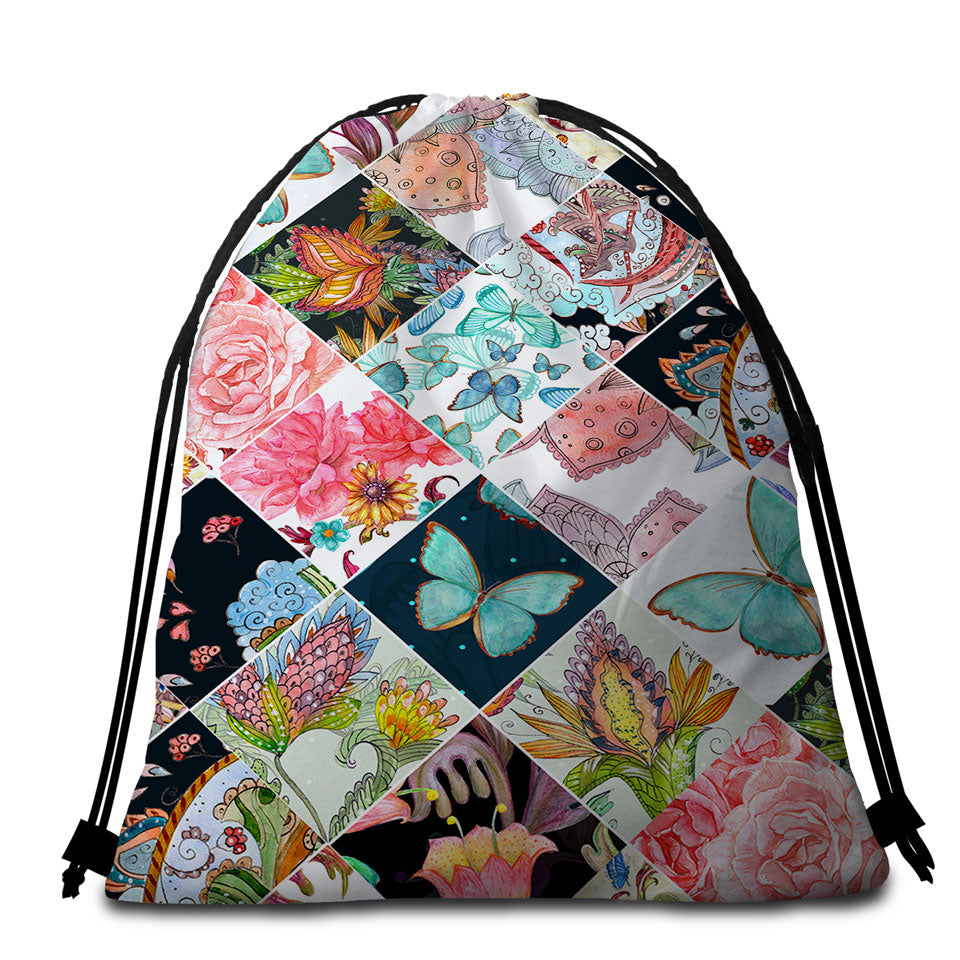 Beach Towels and Bags Set Rhombuses of Flowers and Butterflies