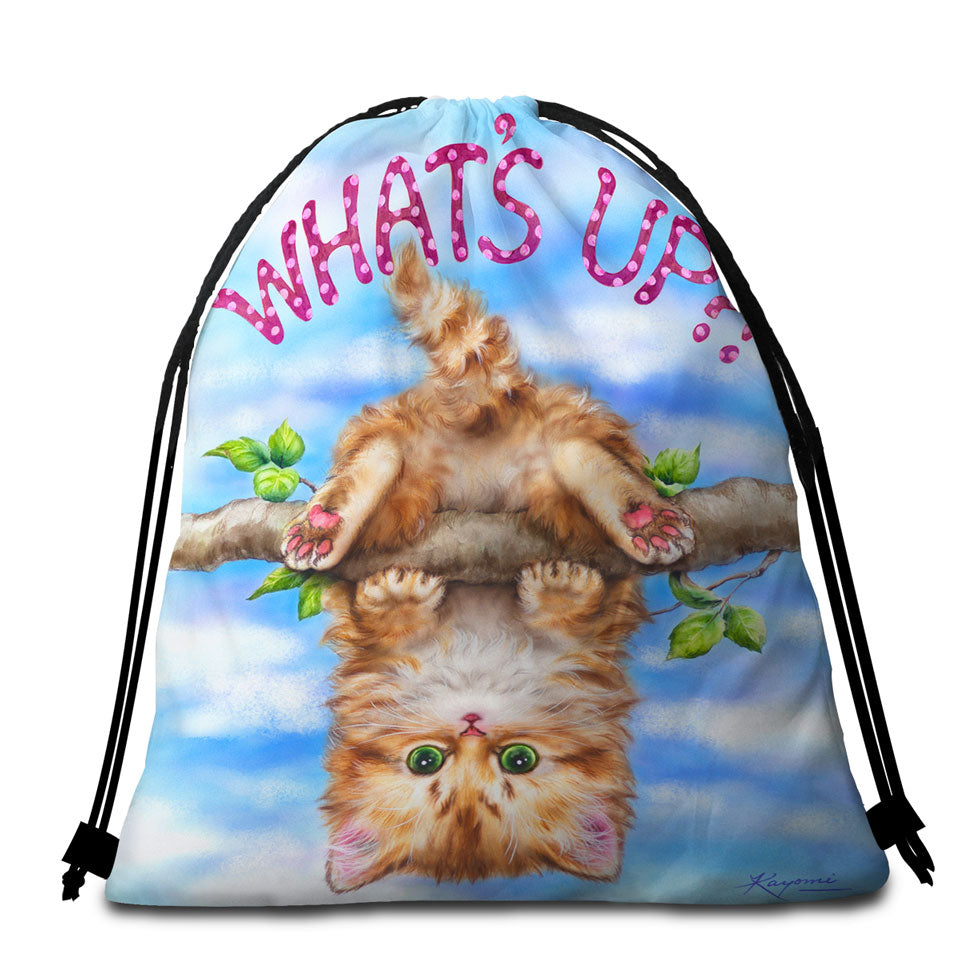 Beach Towels and Bags Set Whats Up Cute Funny Ginger Kitten on Branch