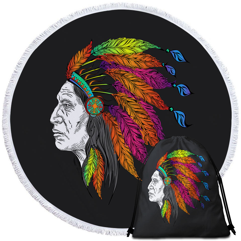 Beach Towels and Bags Set of Colorful Feathers on a Tough Native American Chief