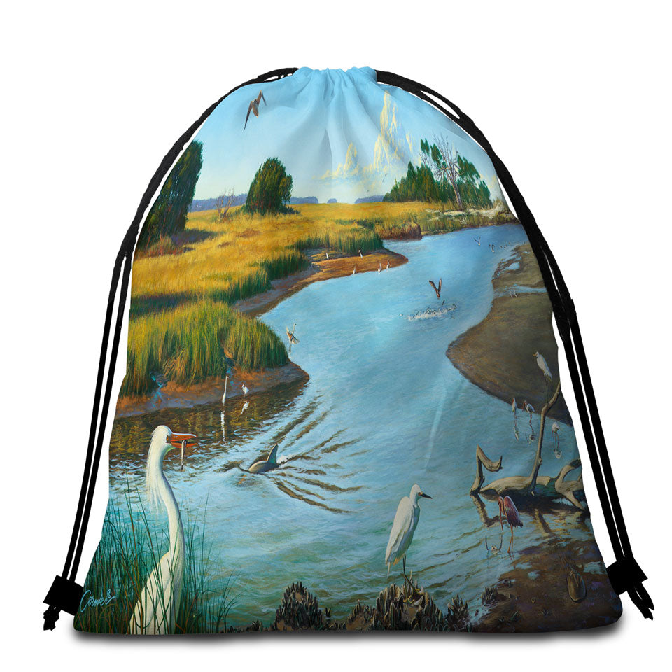 Beach Towels and Bags Set of Nature Lake Art Birds of Paradise