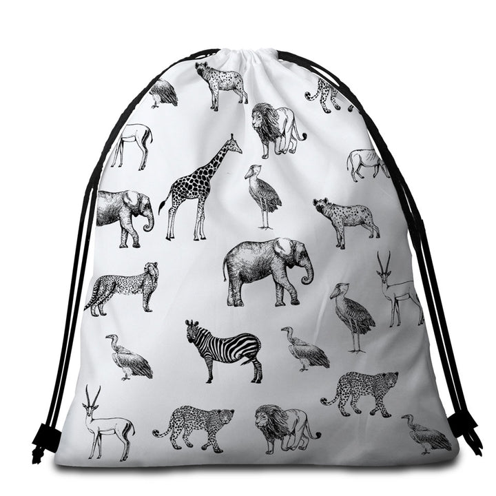 Beach Towels and Bags Set wit Black and White African Wildlife Animals Prints