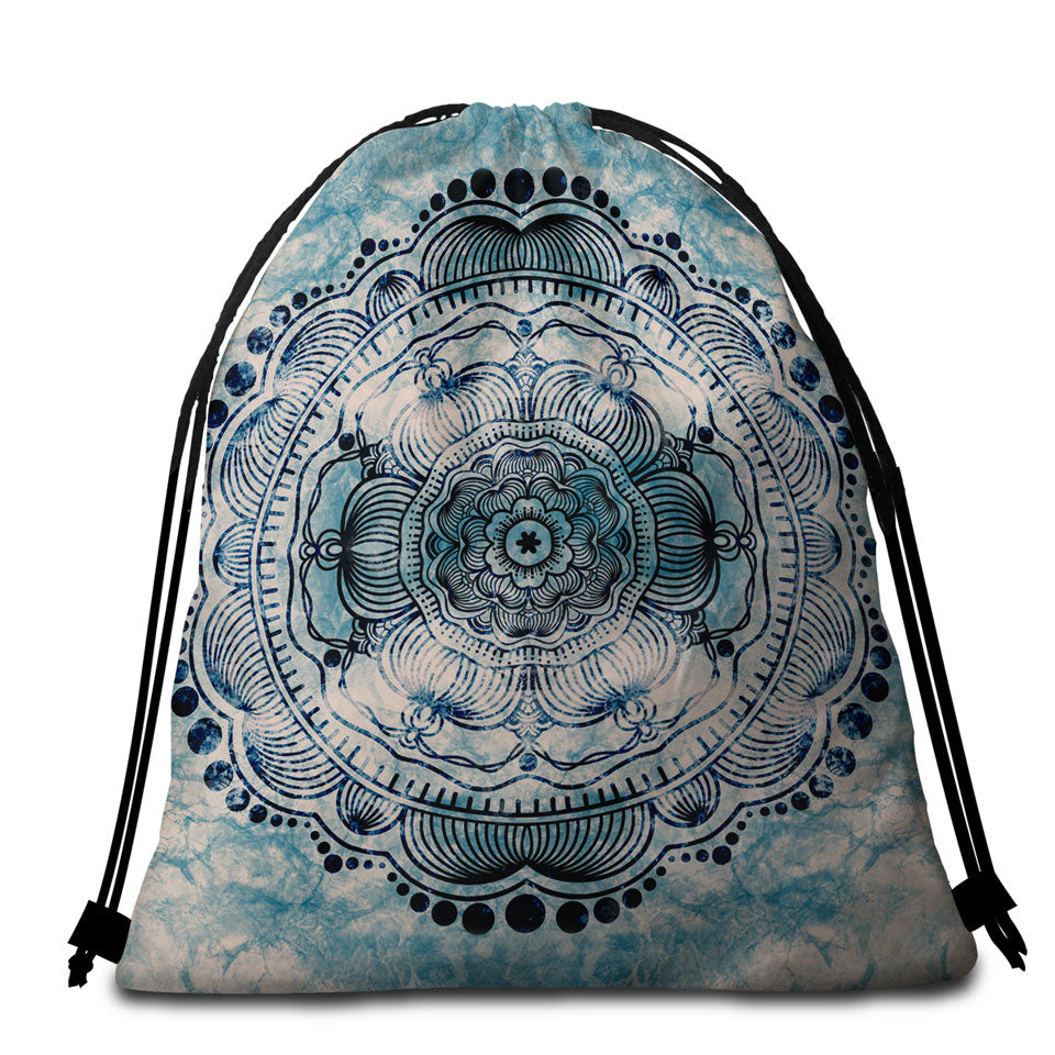Beach Towels and Bags Set with Black Royal Mandala on Dark Blue Rock