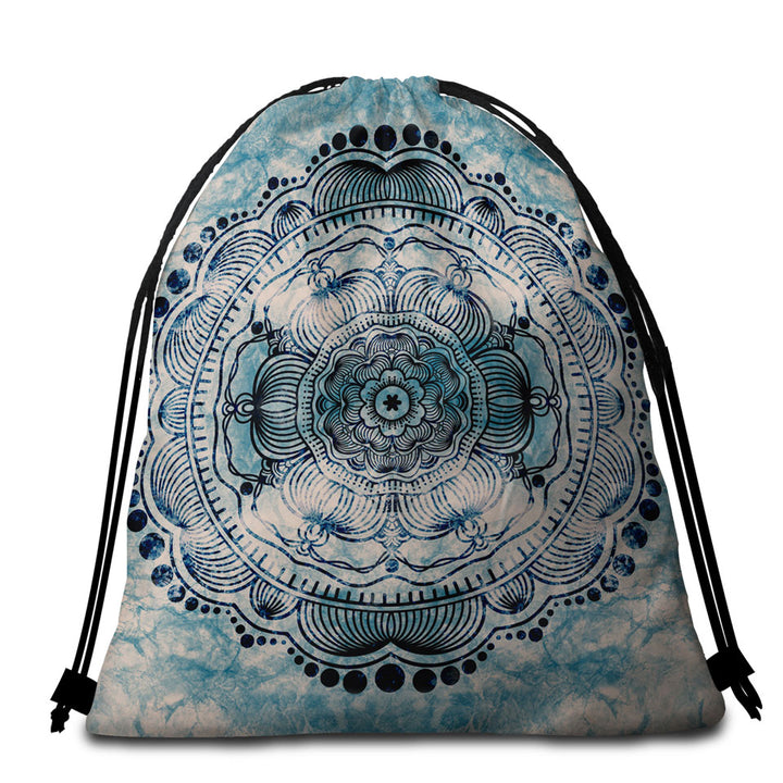 Beach Towels and Bags Set with Black Royal Mandala on Dark Blue Rock
