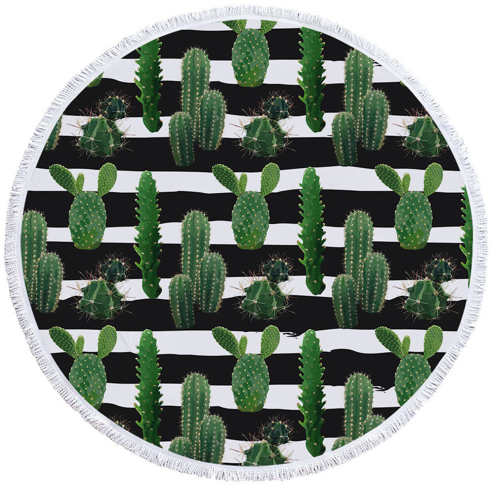 Beach Towels and Bags Set with Cactus over Black and White Stripes