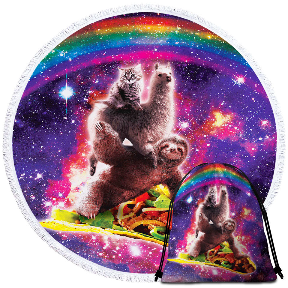 Beach Towels and Bags Set with Cool Funny Crazy Art Space Cat Llama Sloth Riding Taco