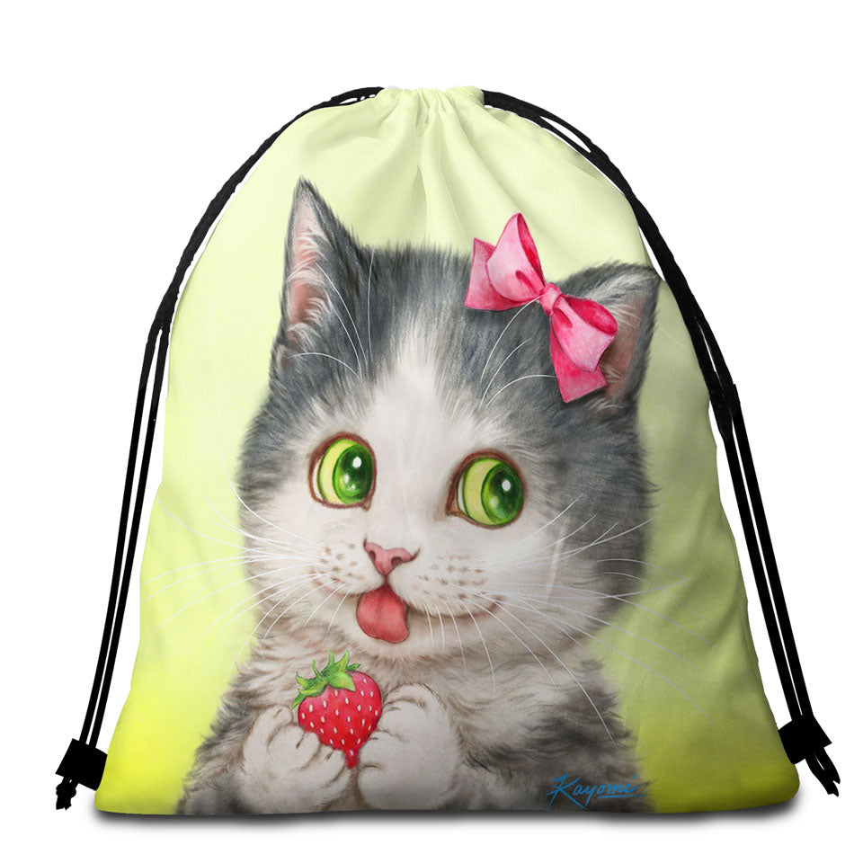Beach Towels and Bags Set with Cute Paintings Strawberry Love Girly Kitten