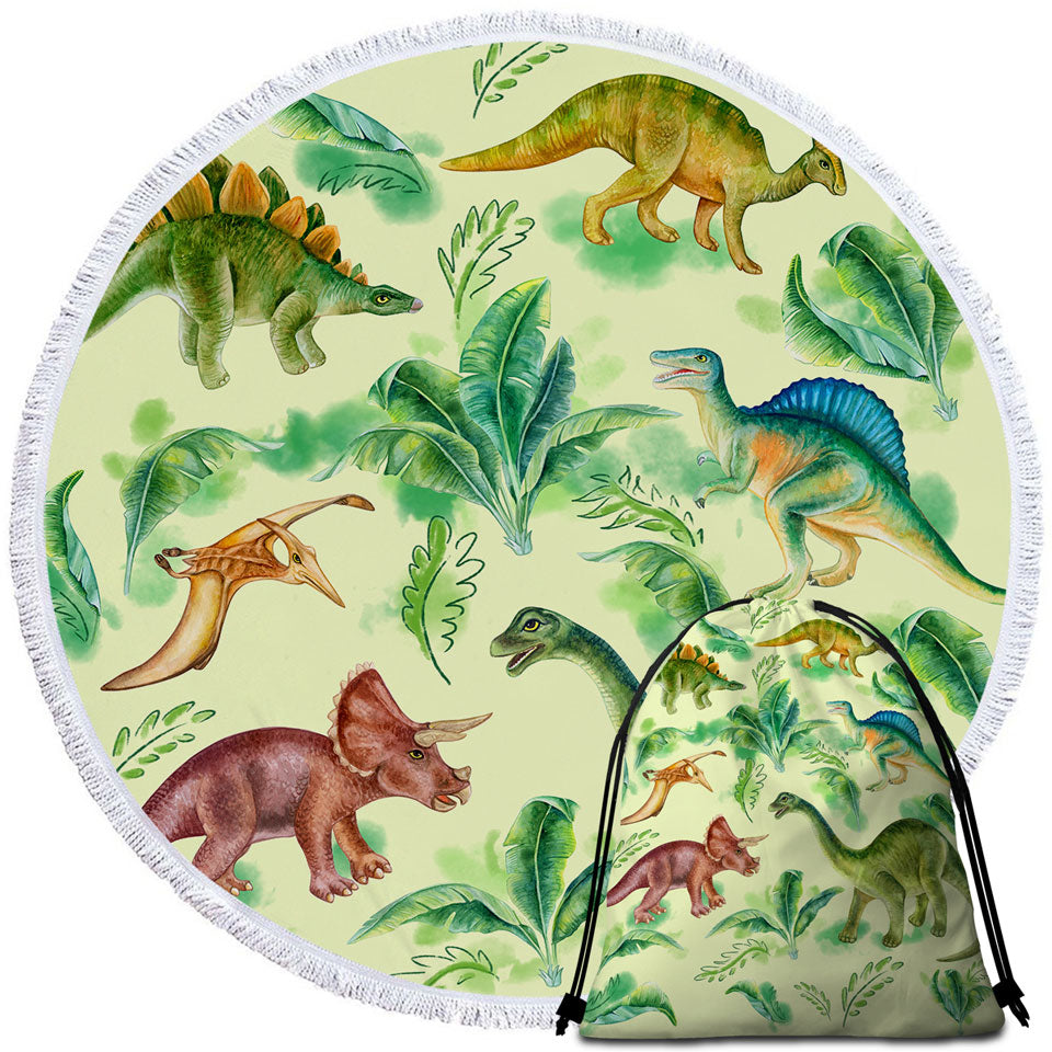 Beach Towels and Bags Set with Dinosaur Drawings for Kids