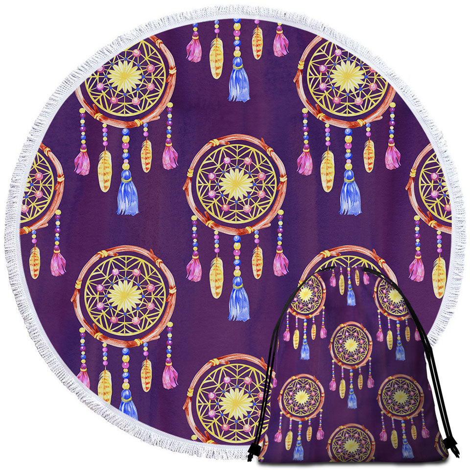 Beach Towels and Bags Set with Dream Catchers over Purple