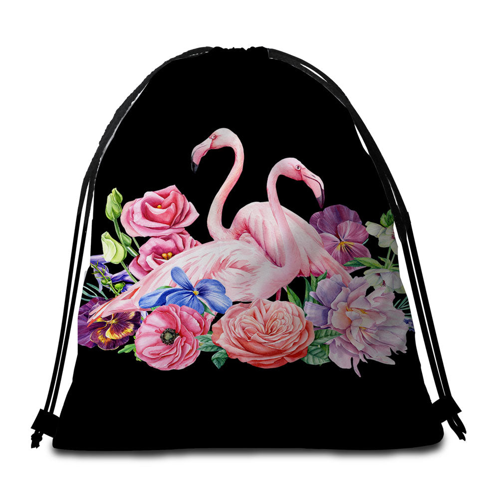 Beach Towels and Bags Set with Flamingos and Flowers over Black