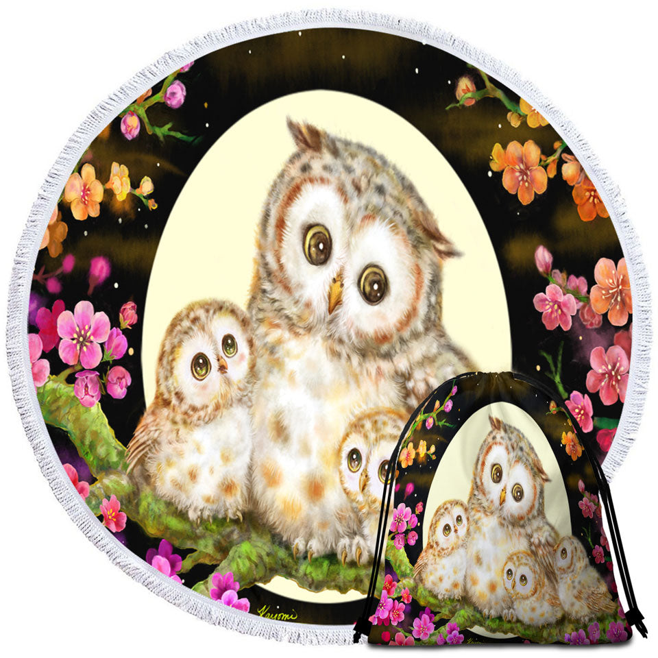 Beach Towels and Bags Set with Flowers and Moonlight Lullaby Cute Owl Family