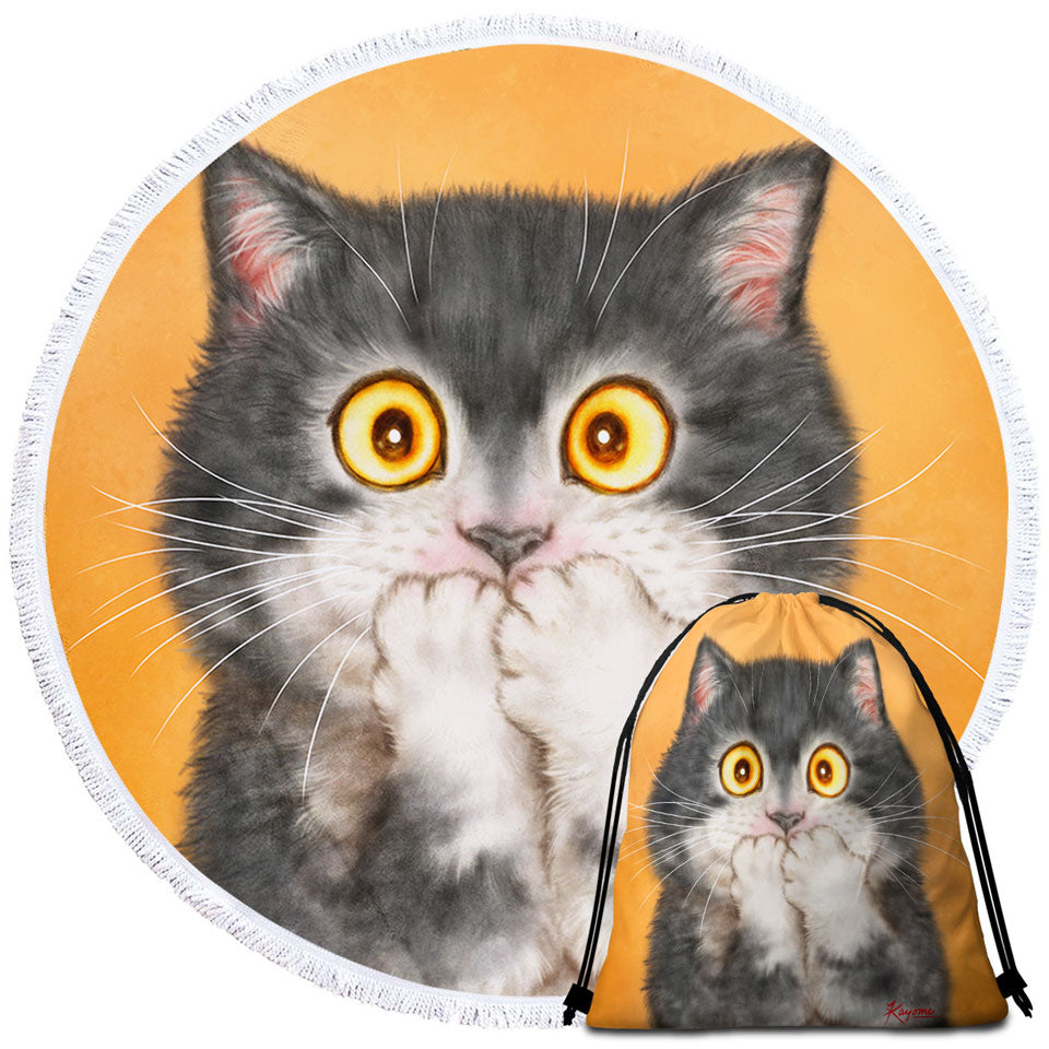 Beach Towels and Bags Set with Funny Painted Cats Grey Kitten in Shock