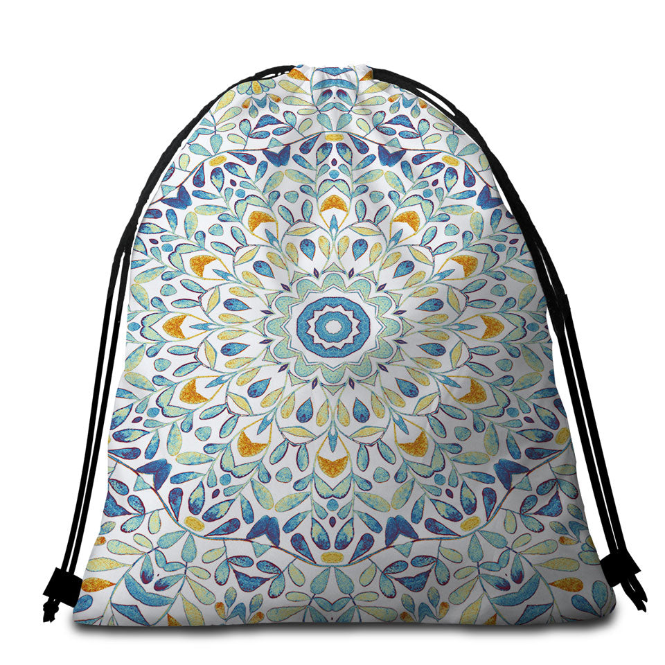 Beach Towels and Bags Set with Leaves Circle Blue Green Orange