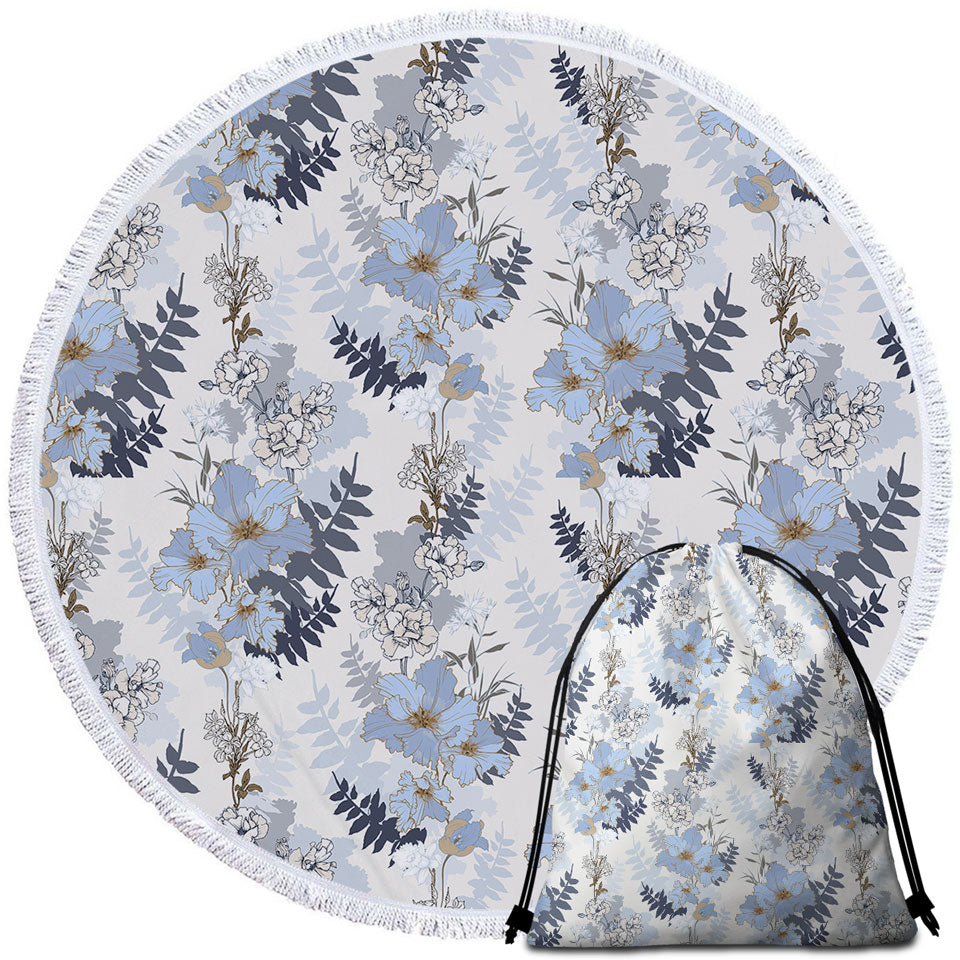 Beach Towels and Bags Set with Light Blue and White Flowers