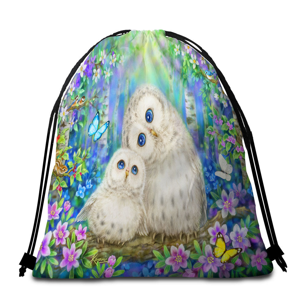 Beach Towels and Bags Set with Nature Art Morning Breeze Flowers and Owls