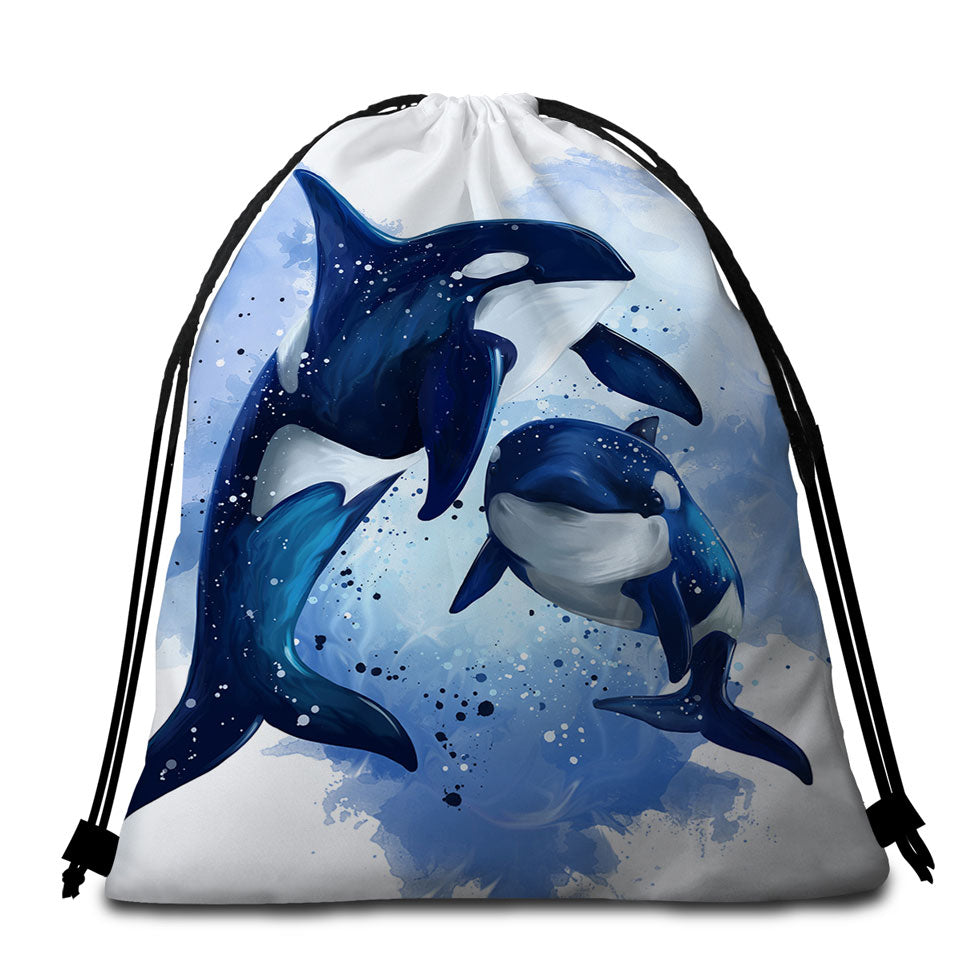 Beach Towels and Bags Set with Ocean Orca Whales Art