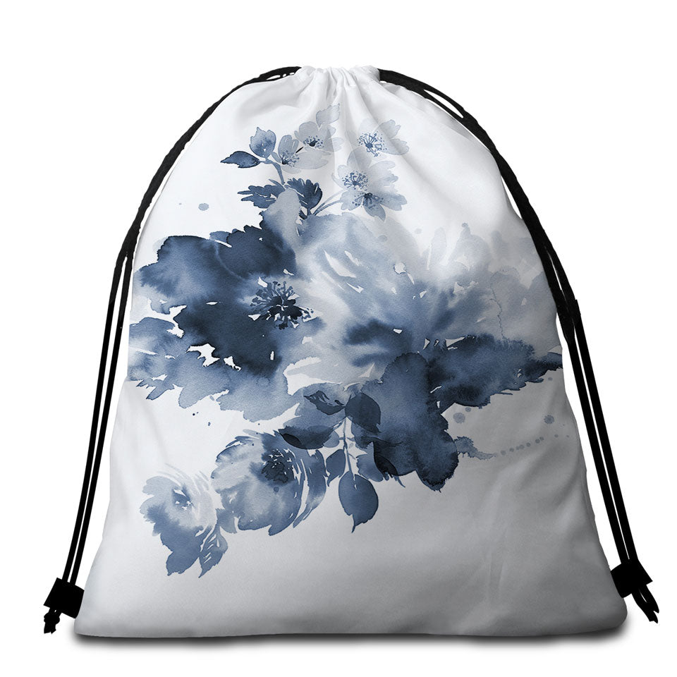 Beach Towels and Bags Sets Dark Blue Watercolor Flowers