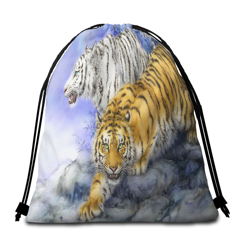 Beach Towels and Bags for Guys Wild Animal Art White and Orange Tigers