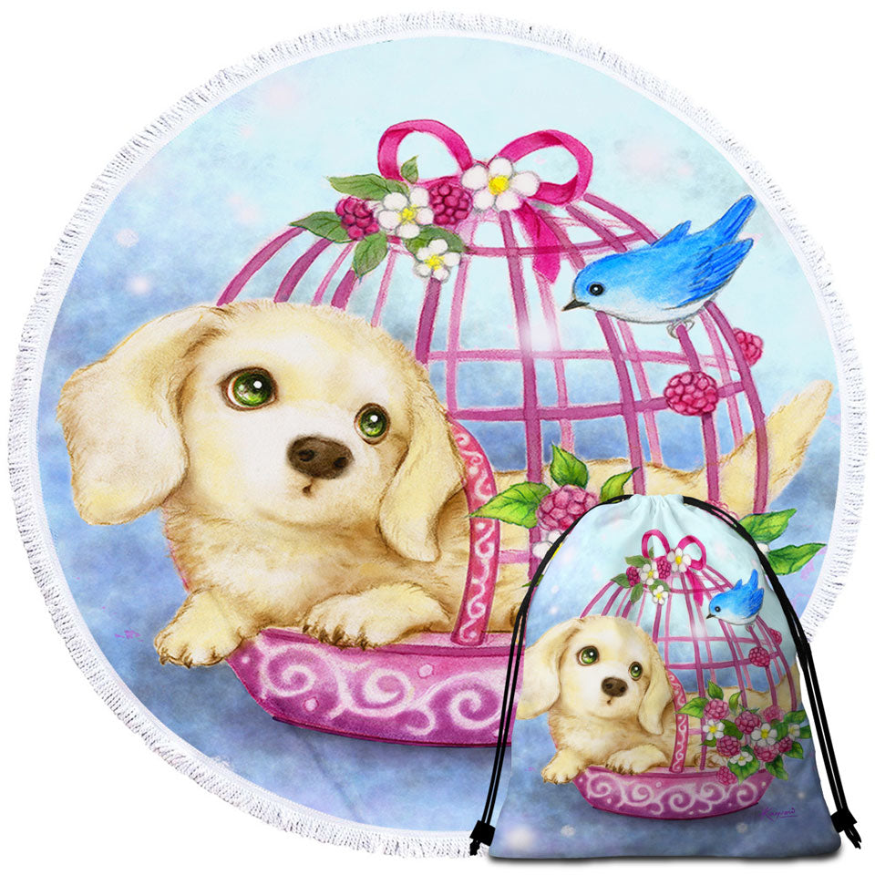 Beach Towels and Bags set with Dogs Art Cute Dachshund in Bird Cage
