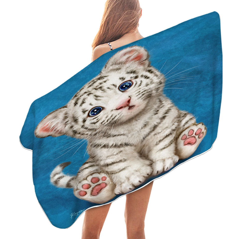 Beach Towels for Kids Design Baby Blue Eyes White Tiger Cub