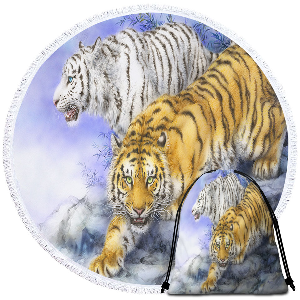Beach Towels for Men Wild Animal Art White and Orange Tigers